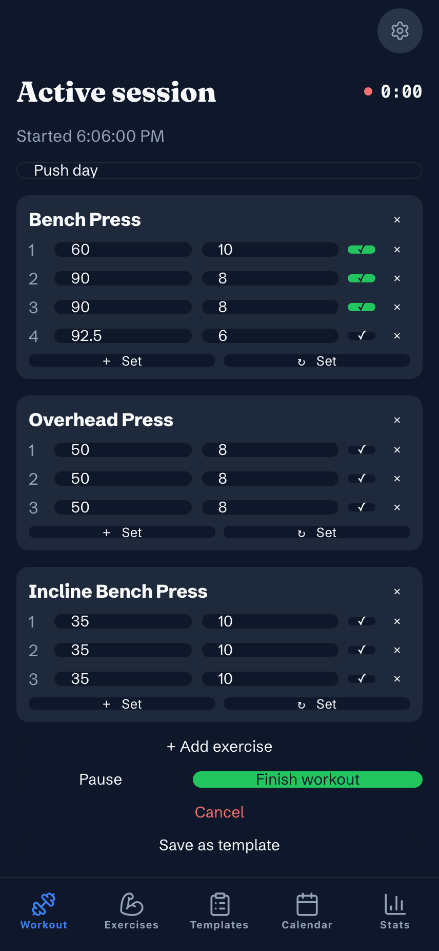 Workout screen screenshot